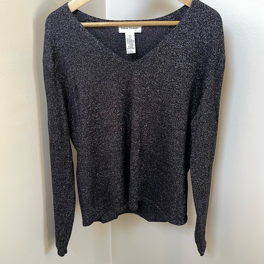 Rena Rowan Silk Metallic V Neck Sweater (Black) - XL
